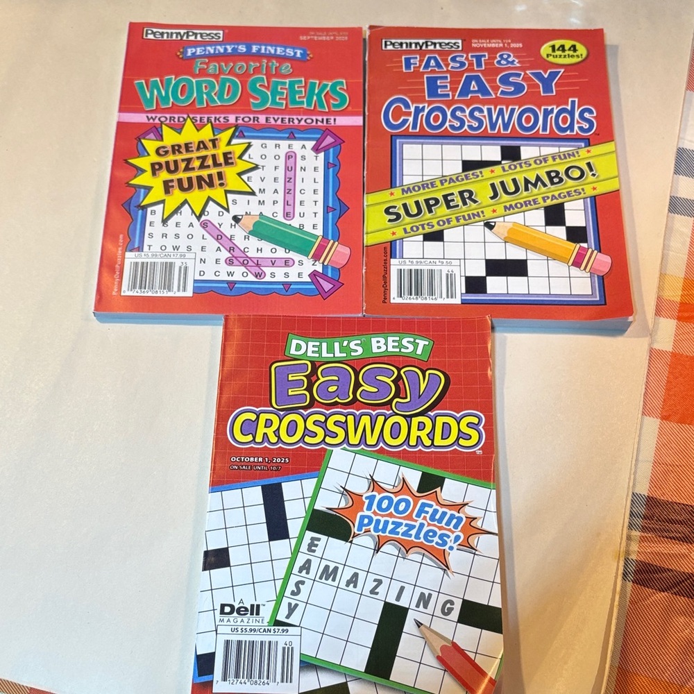 Set of 3 Dell Easy Crosswords Puzzle Book - Red and Green